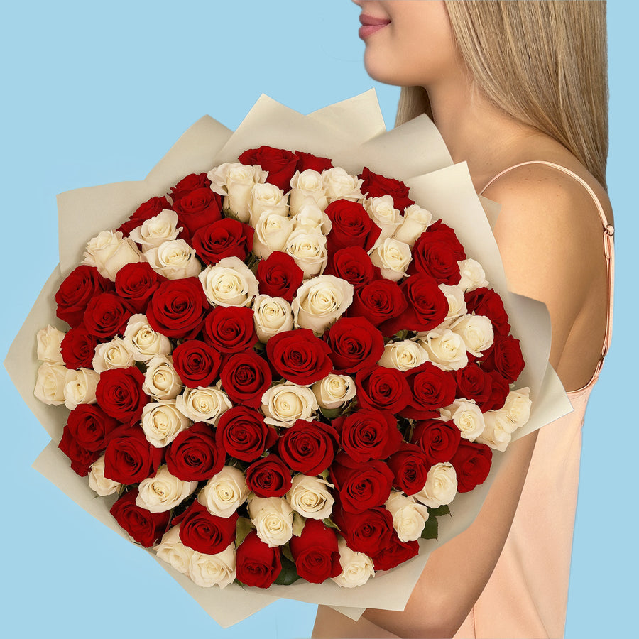 100 White and Red Roses from Kenya