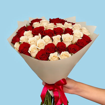 100 White and Red Roses from Kenya